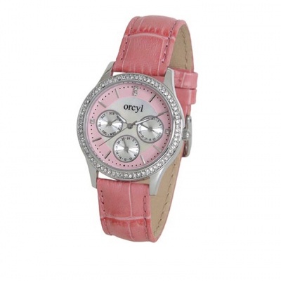 Relógio de pulso feminino rosa com bracelete em couro e aro com pedras