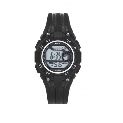 Relógio digital desportivo preto com visor redondo e bracelete de borracha