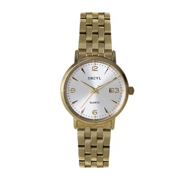 Relógio de pulso dourado com mostrador branco e bracelete metálica