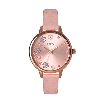Relógio com bracelete rosa e mostrador decorativo com flores
