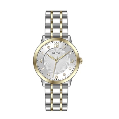 Relógio ORCYL de metal prateado e dourado com mostrador branco e marcadores em cristais
