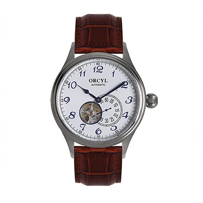 Relógio de pulso Orcyl Automatic branco e castanho com mecanismo visível.