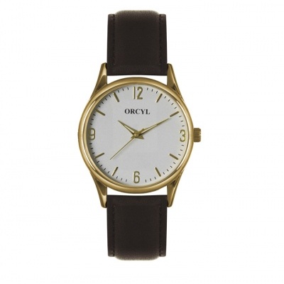 Relógio de pulso dourado com bracelete castanha de couro