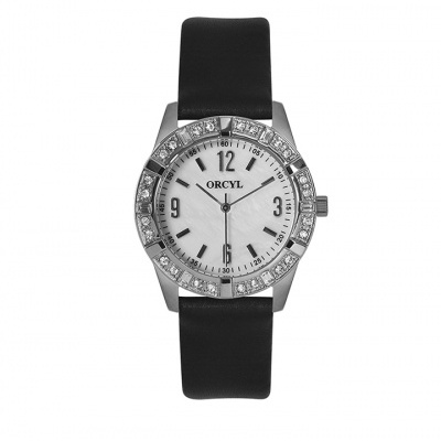 Relógio de pulso ORCYL com bracelete preta e caixa metálica prateada com pedras