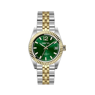 Relógio de pulso ORCYL com mostrador verde e bracelete bicolor em aço.