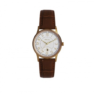 Relógio de pulso dourado com bracelete castanha e mostrador branco com números dourados