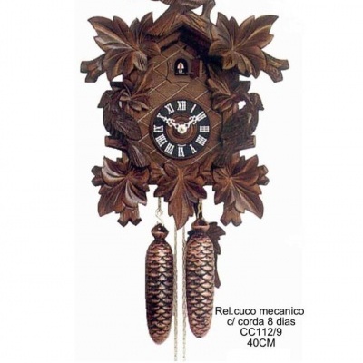 Relógio cuco mecânico em madeira escura com folhas e pesos em forma de pinha