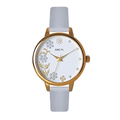 Relógio feminino ORCYL com decoração floral e bracelete cinzenta