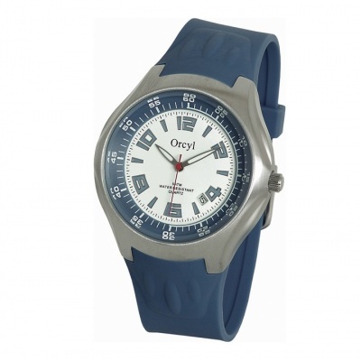 Relógio Orcyl masculino prata e azul com bracelete de silicone.