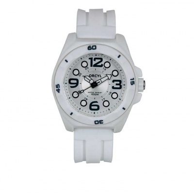 Relógio de pulso branco com mostrador e bracelete brancos e números pretos