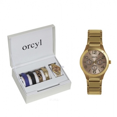 Relógio dourado com caixa branca contendo várias pulseiras adicionais