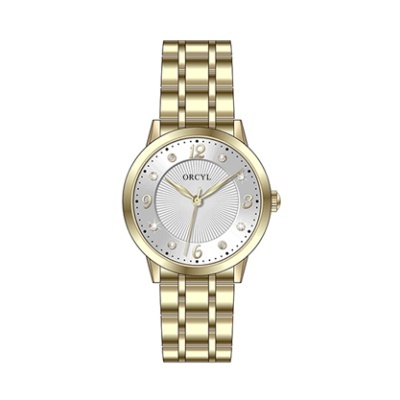 Relógio de pulso dourado com mostrador prateado e texto ORCYL