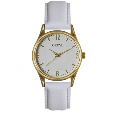 Relógio de pulso branco e dourado com bracelete branca