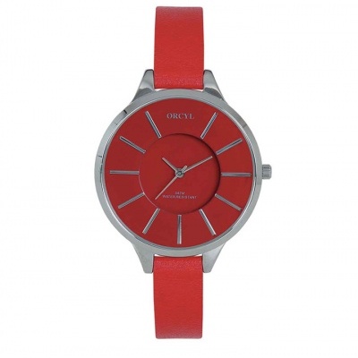 Relógio de pulso vermelho com caixa metálica e bracelete de couro