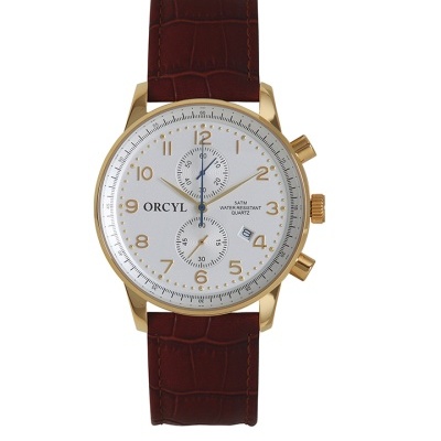 Relógio masculino com bracelete castanha em pele e mostrador branco com caixa dourada