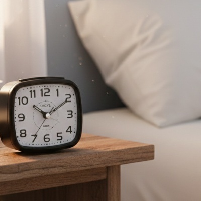 Despertador preto com mostrador branco numa mesa de madeira ao lado de uma cama com almofadas claras