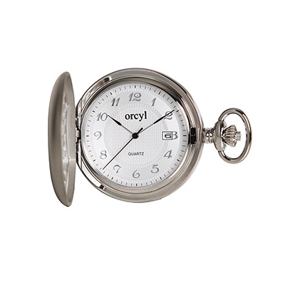 Relógio de bolso Orcyl de metal prateado com tampa aberta e mostrador branco