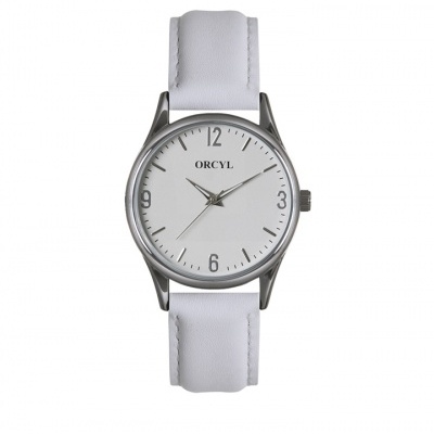 Relógio de pulso branco com bracelete de pele branca e mostrador simples