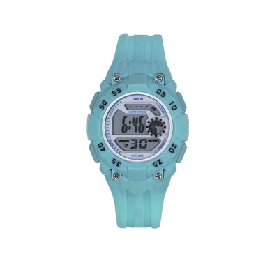 Relógio digital azul turquesa com bracelete em plástico e mostrador digital