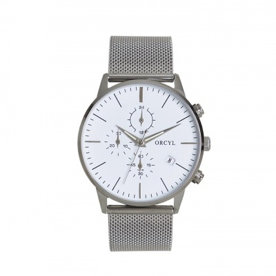 Relógio de pulso ORCYL com bracelete metálica prateada e mostrador branco