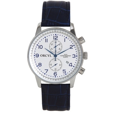 Relógio de pulso ORCYL branco com bracelete azul em pele e numerais azuis