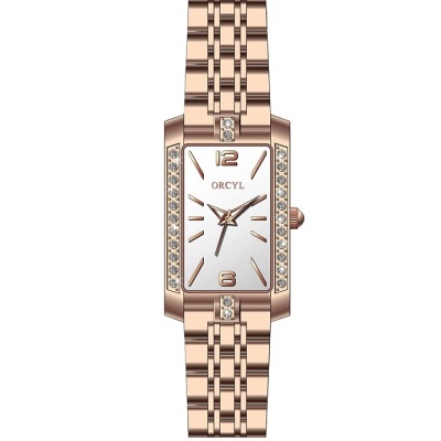 Relógio feminino ORCYL com bracelete de metal ouro rosa e mostrador retangular branco com cristais
