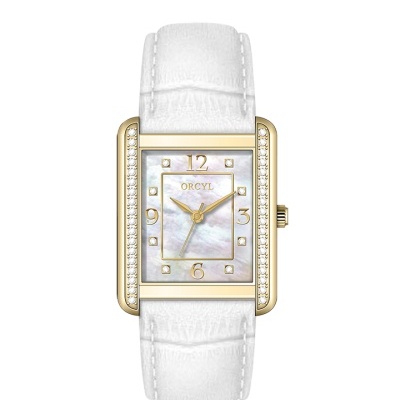 Relógio de pulso feminino branco com mostrador retangular dourado e cristais
