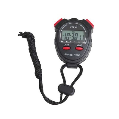 Cronómetro digital preto e vermelho com cordão preto
