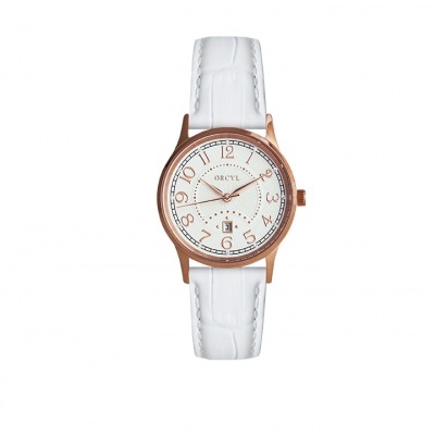 Relógio feminino com caixa dourada rosa e correia branca