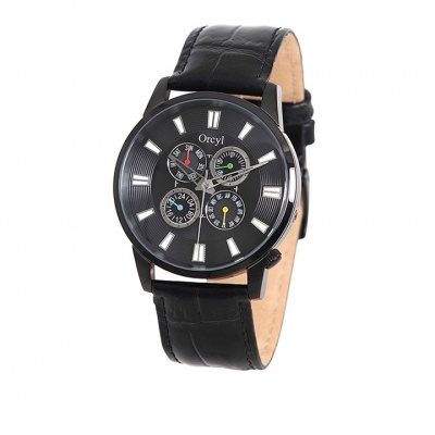Relógio de pulso Orcyl com bracelete preta de couro e mostrador negro