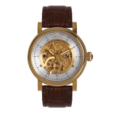 Relógio de pulso com mostrador dourado e bracelete castanha em pele.