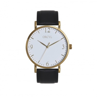 Relógio de pulso com bracelete preta e mostrador branco com detalhes dourados