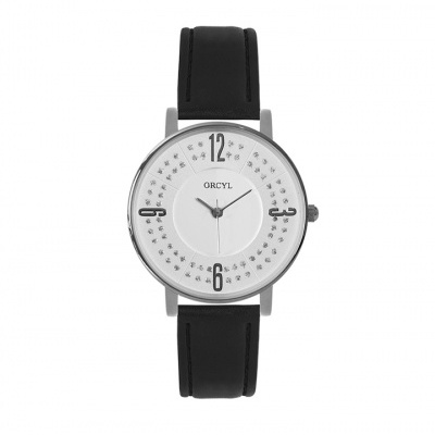 Relógio de pulso com bracelete preta e mostrador branco minimalista