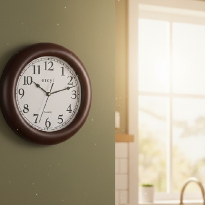 Relógio de parede redondo castanho com mostrador branco e números pretos numa parede verde