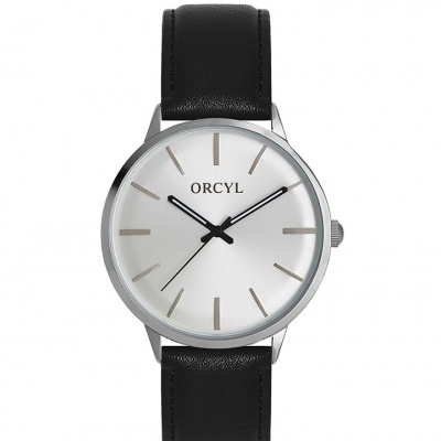 Relógio de pulso com mostrador prateado e bracelete preta em pele