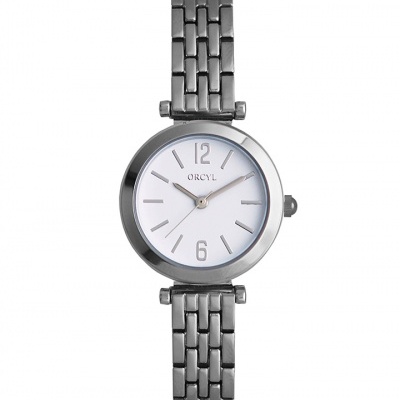 Relógio de pulso prateado com mostrador branco e bracelete metálica