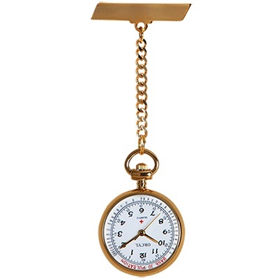 Relógio de bolso dourado pendurado por cadeia com mostrador branco