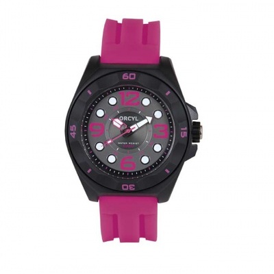 Relógio feminino com bracelete fúcsia e mostrador cinzento com números cor-de-rosa