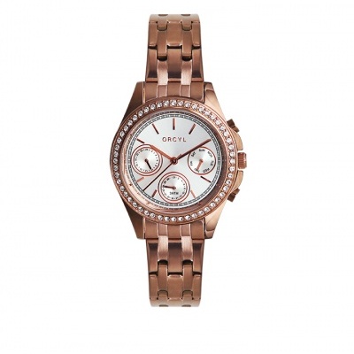 Relógio metálico cor de bronze com mostrador branco e cristais no aro