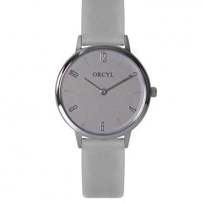 Relógio de pulso cinzento com bracelete de material semelhante a couro e mostrador minimalista