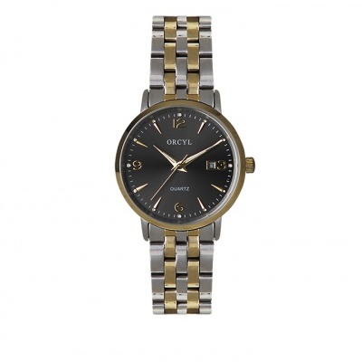 Relógio Orcyl com bracelete metálica bicolor e mostrador preto