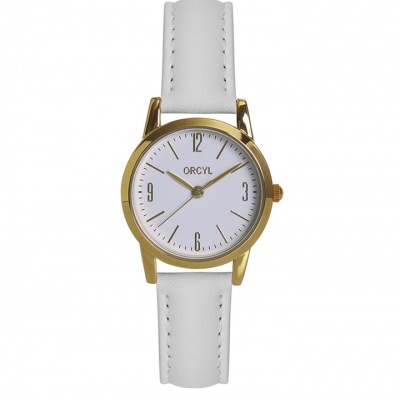 Relógio de pulso branco com caixa dourada e mostrador branco da marca Orcyl