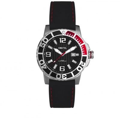 Relógio ORCYL preto e prateado com detalhes vermelhos