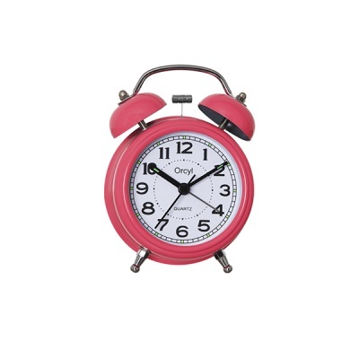Despertador analógico rosa com dois sinos e mostrador branco com números pretos