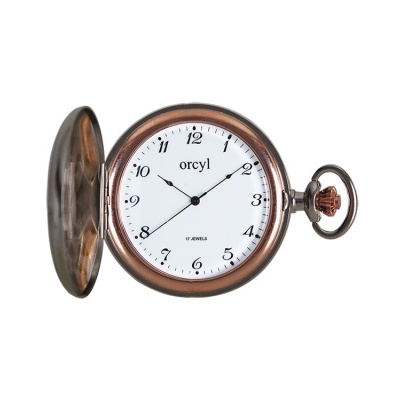 Relógio de bolso em metal bronze com mostrador branco e números pretos