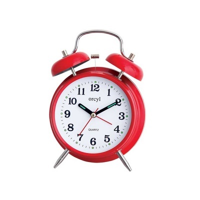 Relógio despertador analógico vermelho com mostrador branco e números pretos