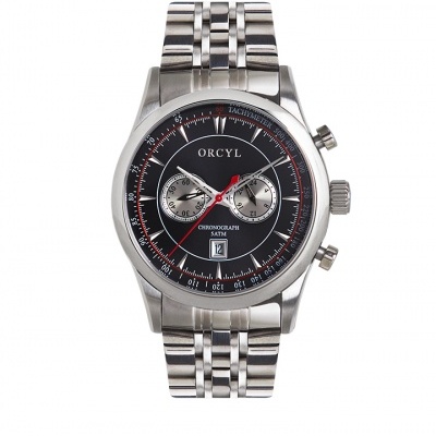 Relógio de pulso ORCYL com bracelete metálica prateada e mostrador preto com detalhes coloridos