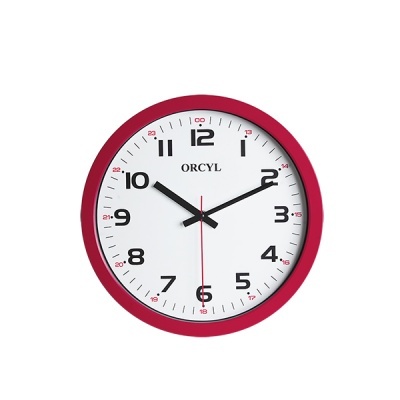 Relógio de parede redondo com moldura vermelha e mostrador branco