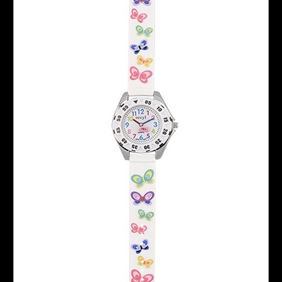 Relógio infantil branco com borboletas coloridas e mostrador branco com números coloridos