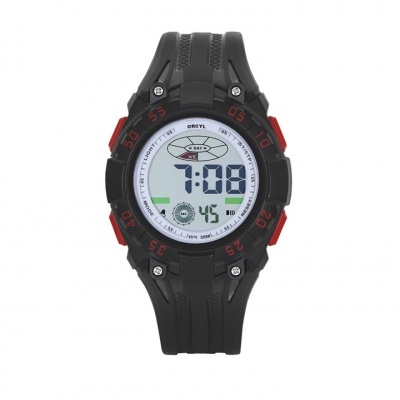 Relógio digital desportivo preto e vermelho com bracelete de borracha e ecrã digital circular